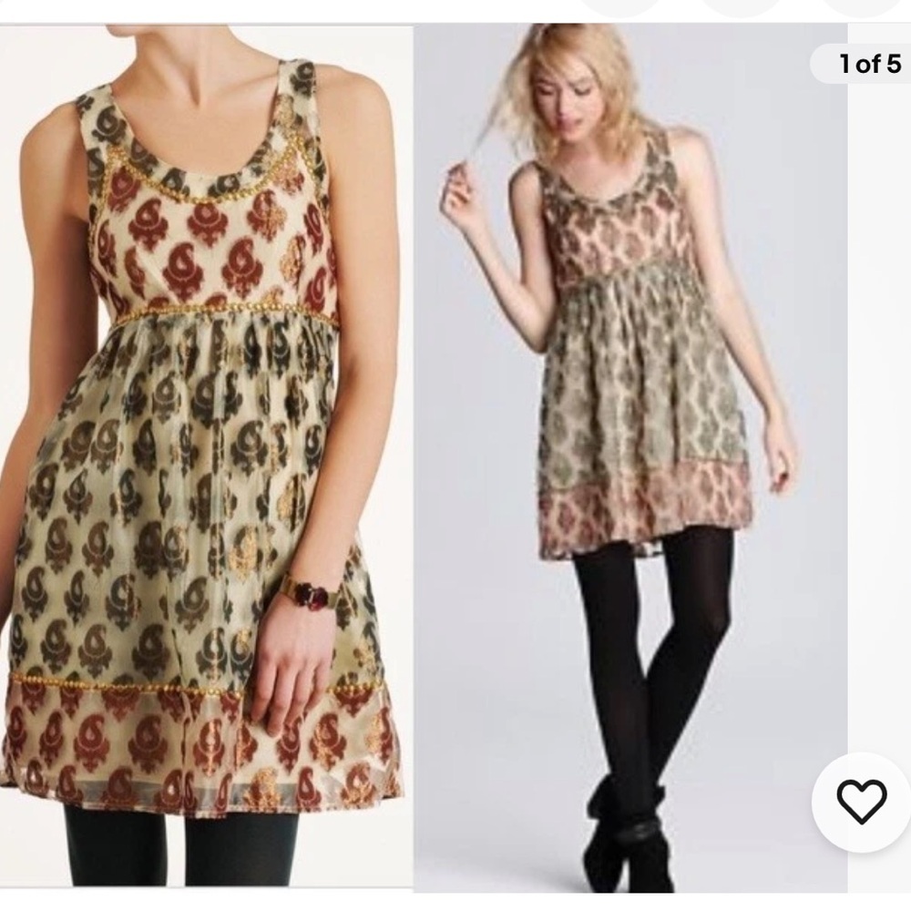 Free People brown Metallic Shimmer‎ studded babydoll mini Tank Dress size 4